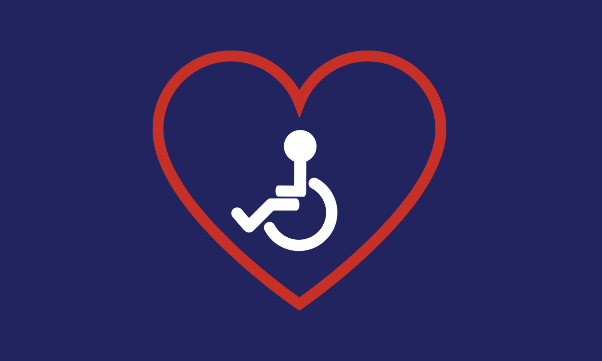 A white symbol of a person in a wheelchair facing left outlined by a red heart with a navy blue background.