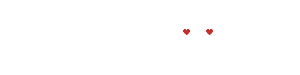 The white Dateability logo where a person using wheelchair is the "D" and red hearts are the dotted I.