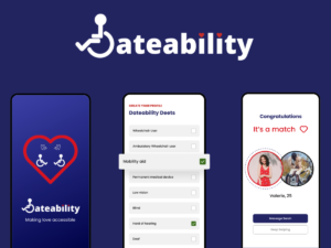 Screenshots of the Dateability app on a navy blue background. Screenshot 1 shows the splash screen. Screenshot 2 shows the list of Dateability Deets. Screenshot 3 shows the image that pops up when users match. 