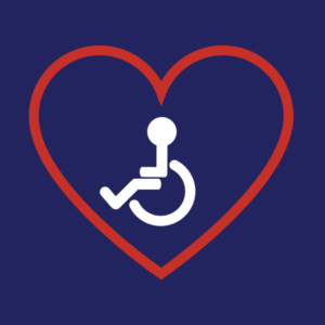 A white symbol of a person in a wheelchair facing left outlined by a red heart with a navy blue background.