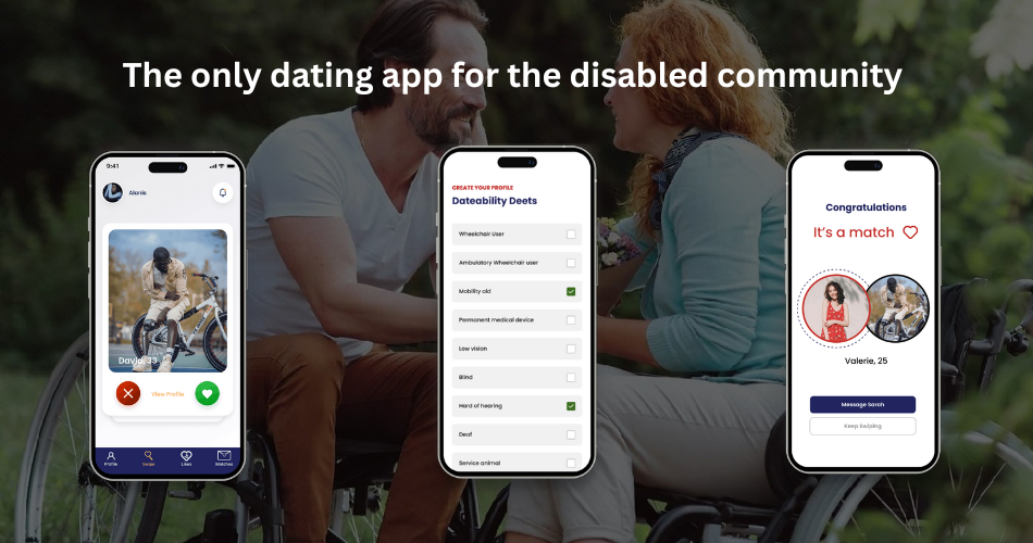 The background image is two wheelchair users with text that reads, "The only dating app for the disabled community." There are three screenshots of Dateability.
