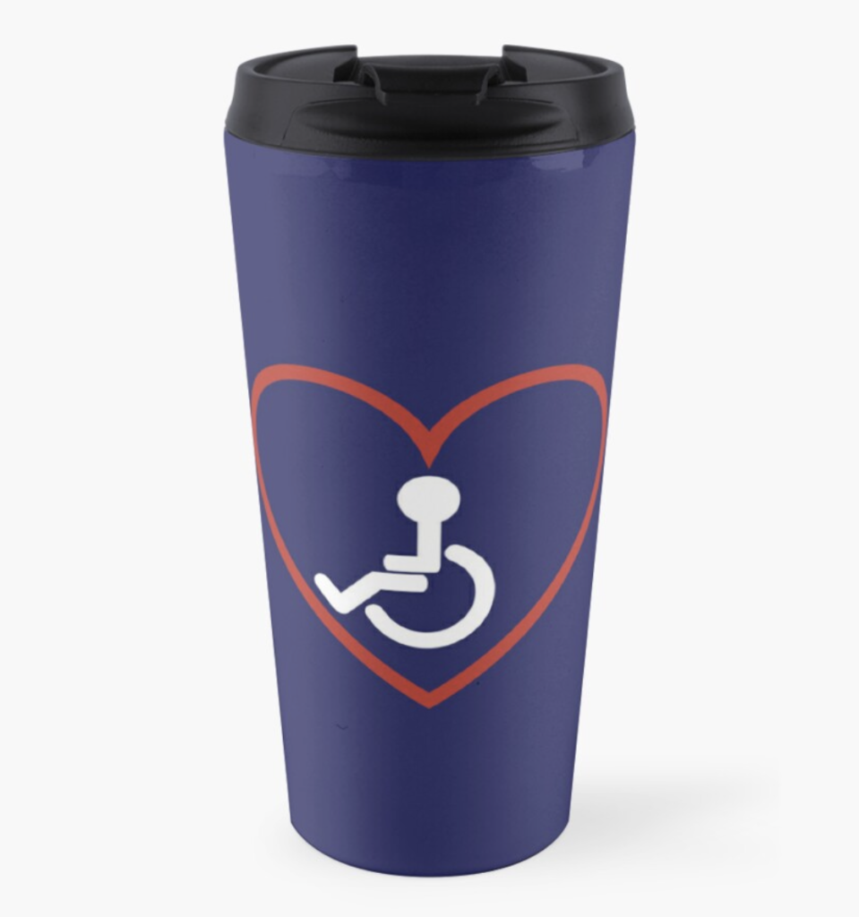 A navy blue travel mug with a red heart outlining a white wheelchair symbol.