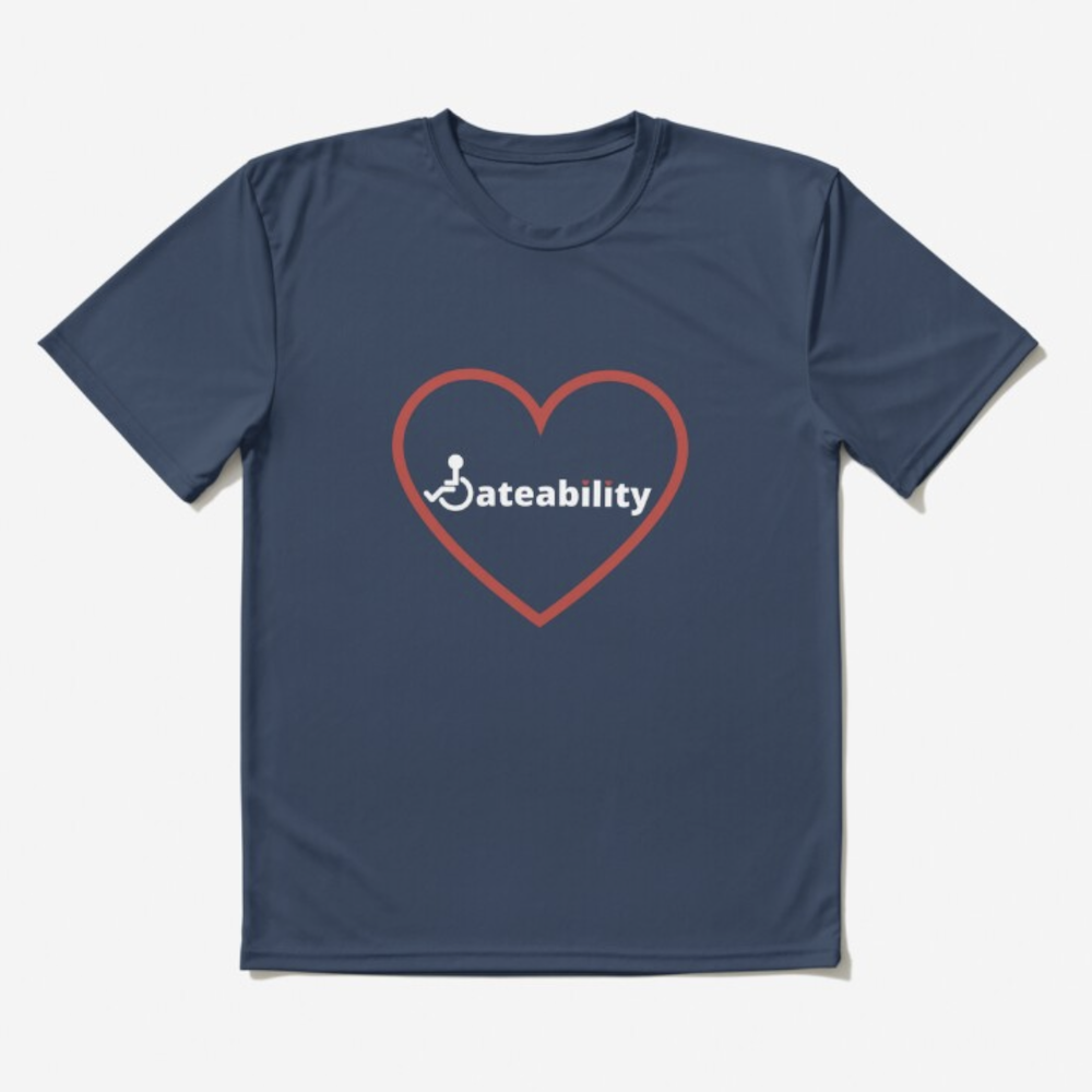 A navy bue shirt with a red heart outlining the Dateability logo.