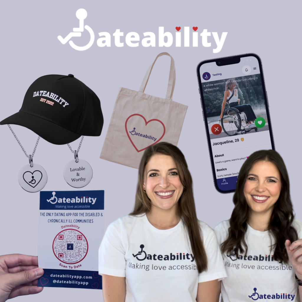 A light navy blue background with the Dateability logo as the header. There are cutouts of merch and the app. A cutout of Jacqueline and Alexa wearing Dateability merch is below.