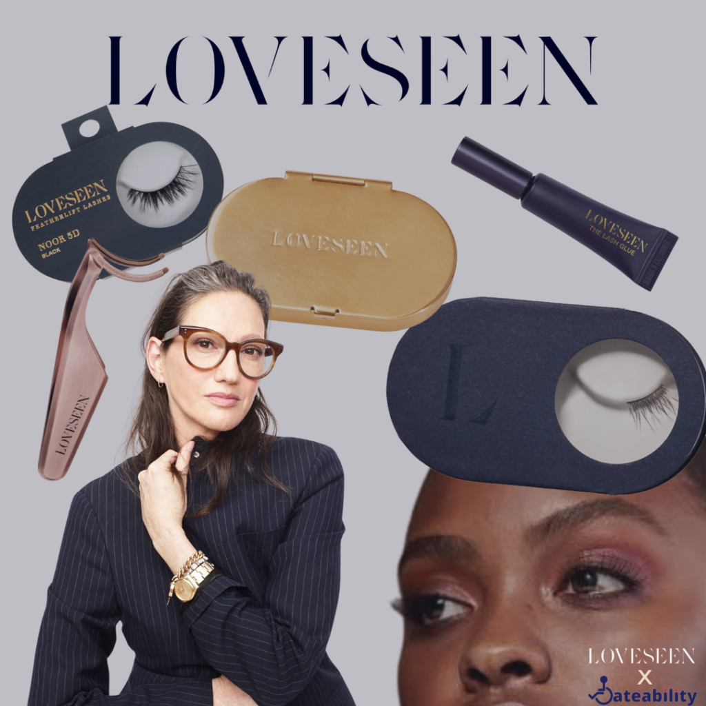A light blue background with the LoveSeen logo up top. Cutouts of products like lashes and tools are below. There is a cutout of a model wearing lashes and a cutout of Jenna Lyons.
