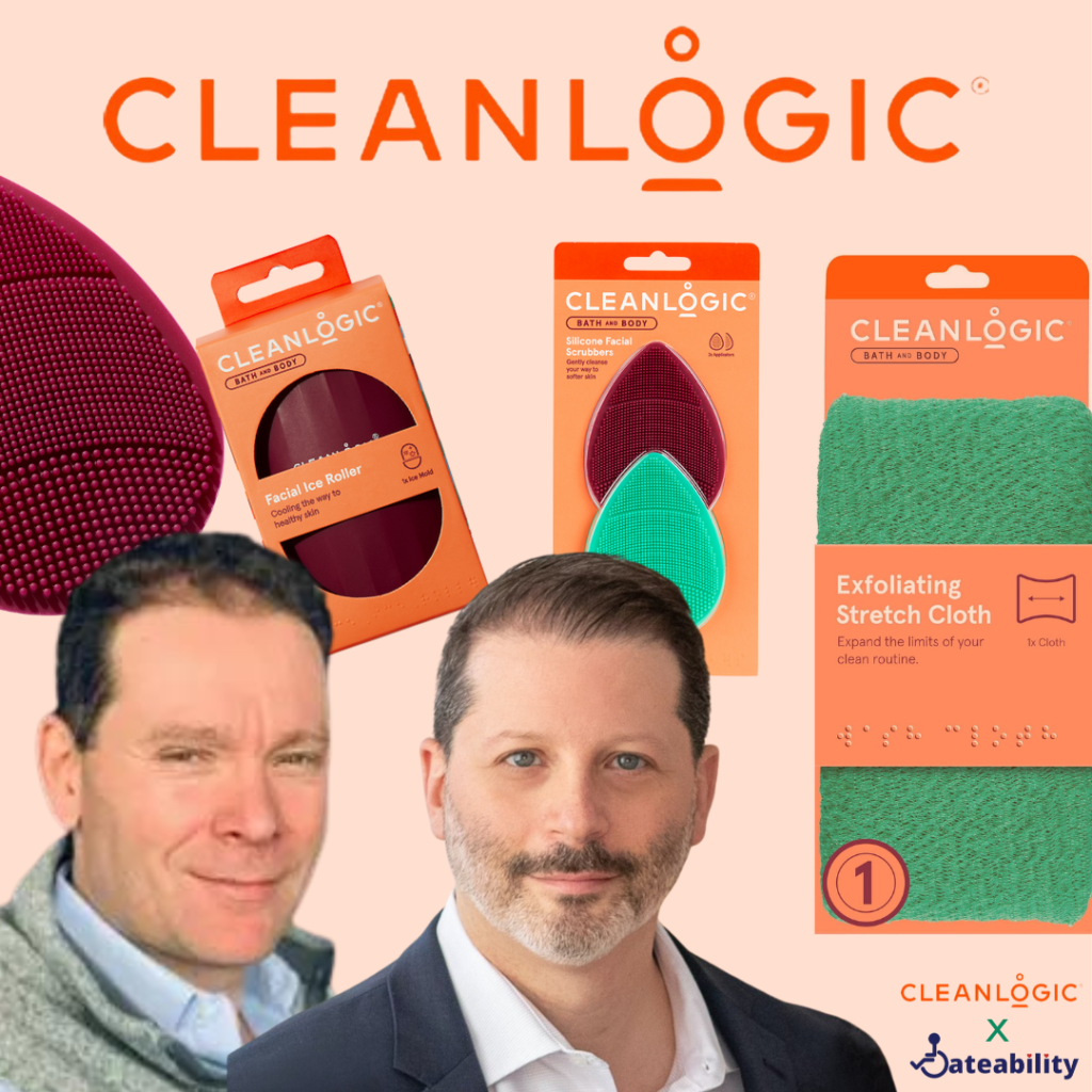  light orange background with the Cleanlogic logo up top. Cutouts of their products, such as cleansing clothes, dry brush, and sponges are below. There is a cutout of Isaac Shapiro and Mike Ghesser.
