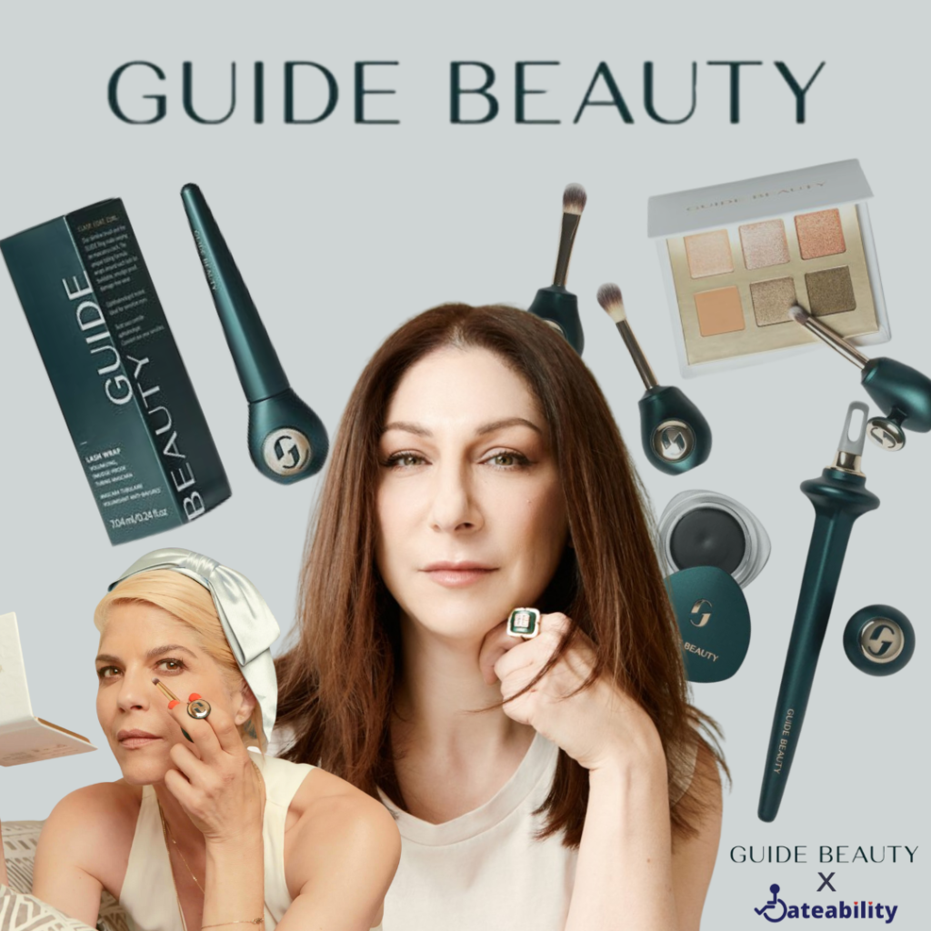 Image Description: A light green background with the Guide Beauty logo up top. Cutouts of their products, such as the eyeliner wand, brushes, and eyeshadow palette are below. There is a cutout of Terri Bryant and Selma Blair.