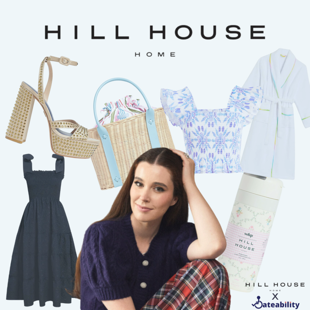 A light blue background with the Hill House Home logo up top. Cutouts of their products, such as shoes, bags, robes, and the nap dress, are below. There is a cutout Nell Diamond.