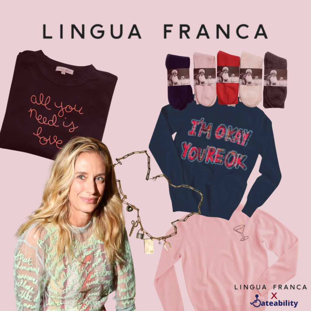A light pink background with the Lingua Franca logo up top. Cutouts of sweaters, socks, and a necklace are below. There is a cutout Rachelle Hruska.