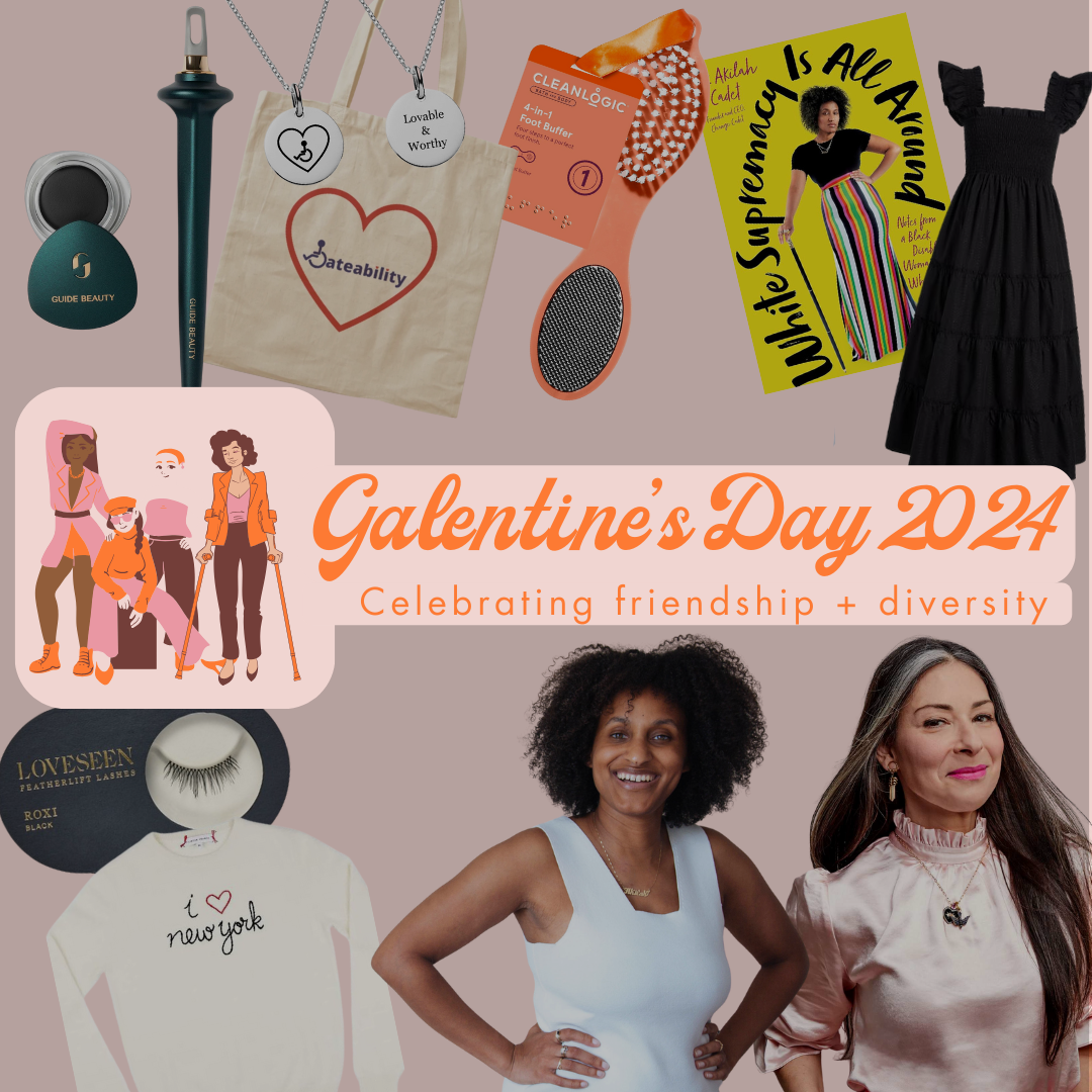 A light pink background with products from Dateability, LoveSeen, Guide Beauty, Cleanlogic, Hill House Home, Lingua France, and No Limbits. There are two cutouts of Dr. Akilah Cadet and Stacy London. In the middle there is a banner with a sketch of diverse women with text that says, “Galentine’s Day 2024. Celebrating friendship and diversity.”