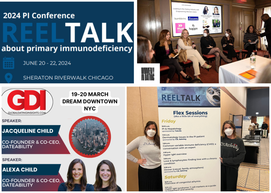 A collage of speaking events Dateability has participated in, such as the Reel Talk conference from the Immune Deficiency Foundation, and a Global Dating Insights conference.