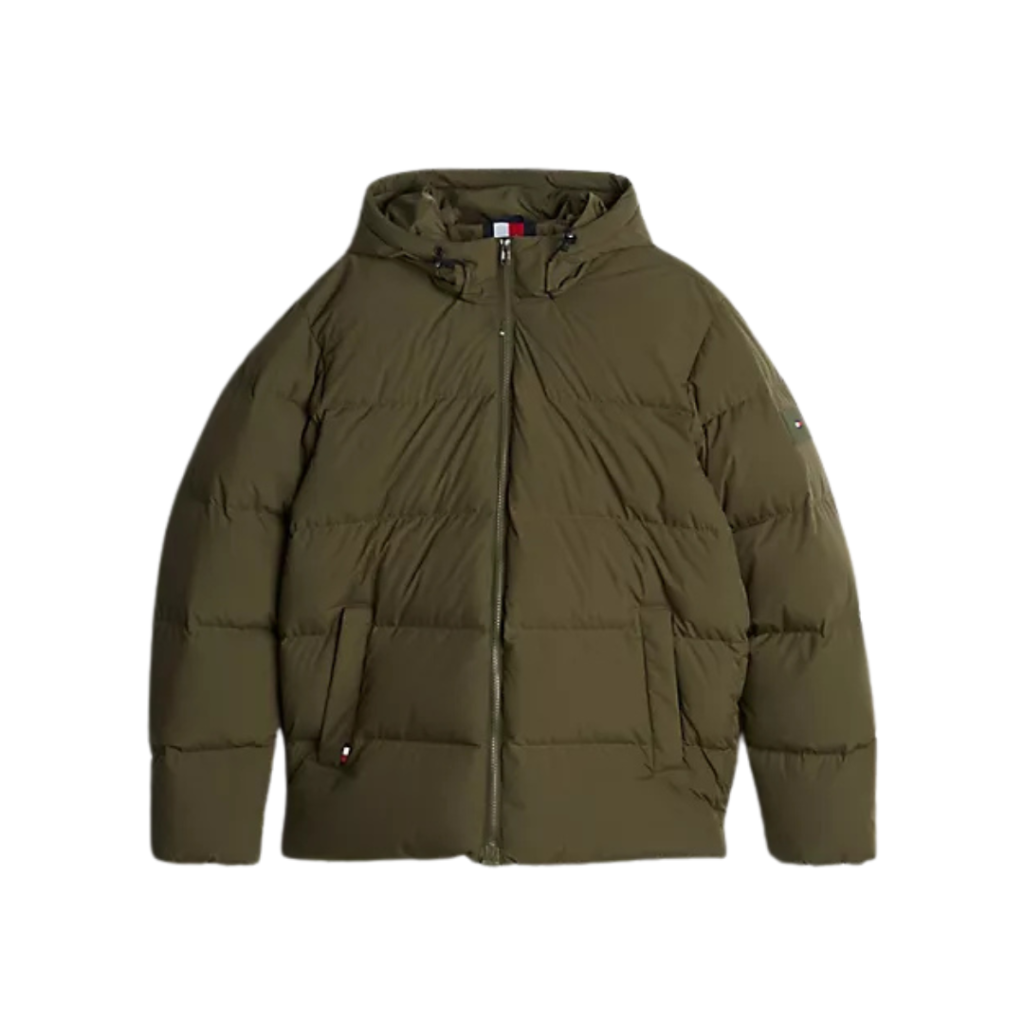 A dark olive green men's puffer jacket from Tommy Hilfiger.