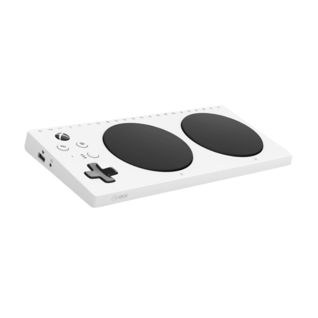 A white adaptive Xbox game controller.