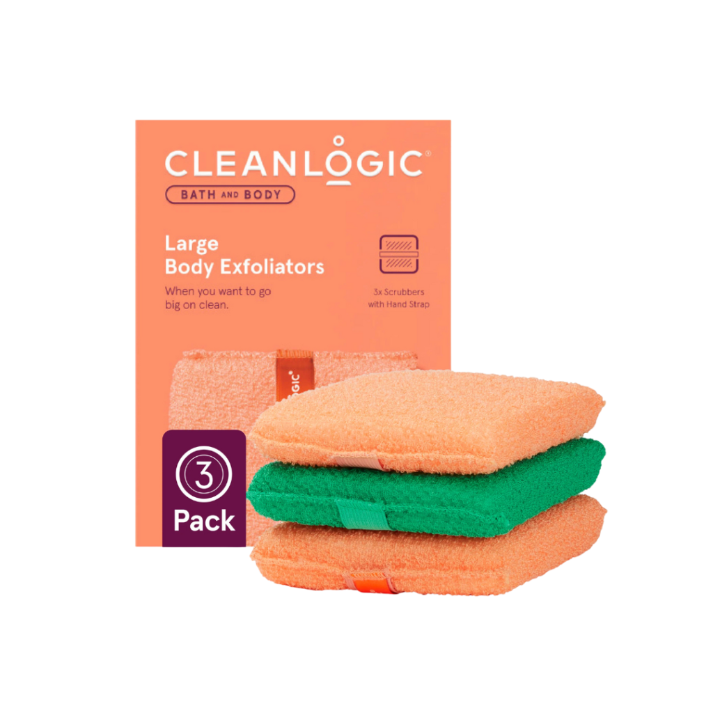 A package of large body exfoliators from Cleanlogic.