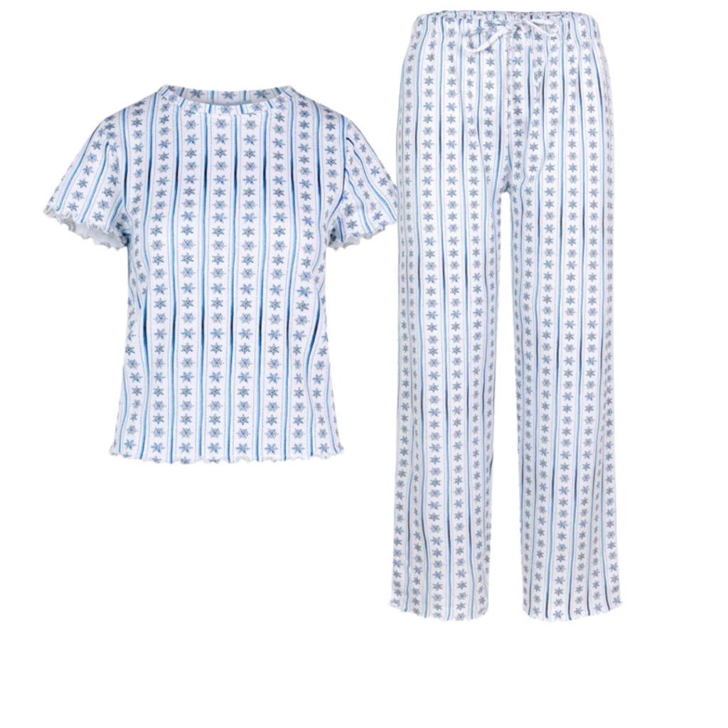 A white and blue pajama set from Hill House Home.