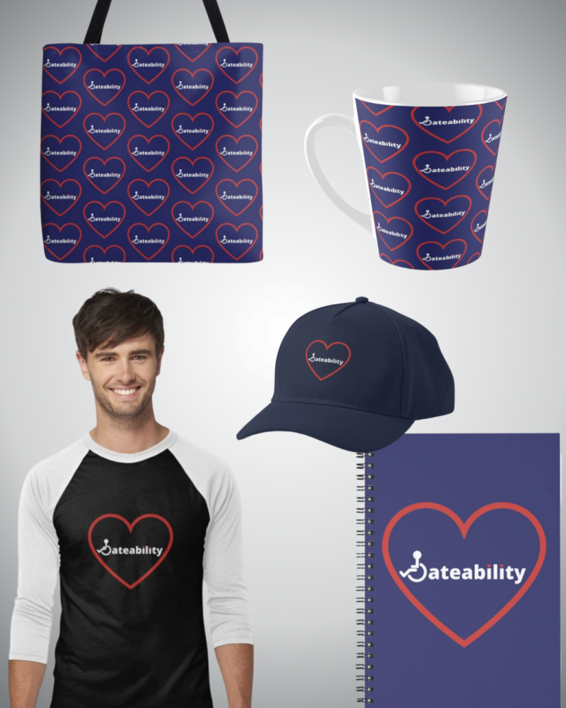A collage of various merch items that have the Dateability logo with a big red heart outlining it. 