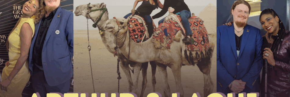 A collage of three photos of a couple, Lachi, a Black disabled woman with a white cane, and Arthur, a white neurodivergent man. Photos include them at red carpet events and on a camel in the desert.