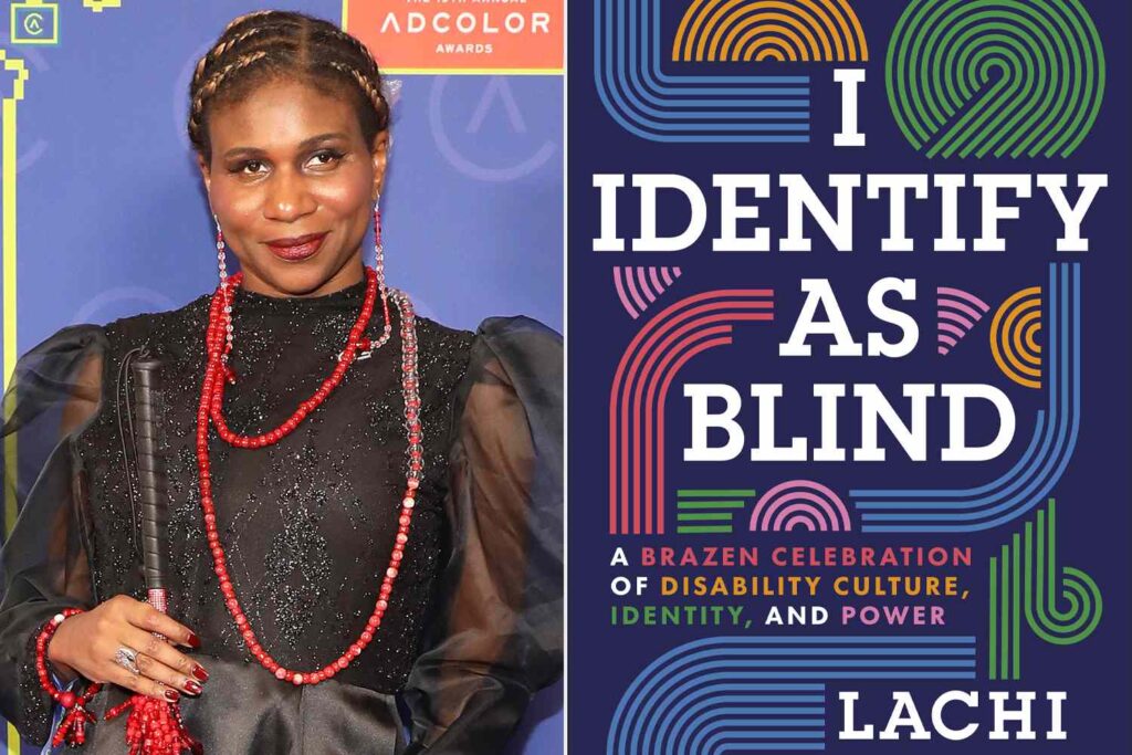 A side by side of Lachi, a Black disabled woman with braids, standing on the red carpet and the cover of her book, "I Identify As Blind." 