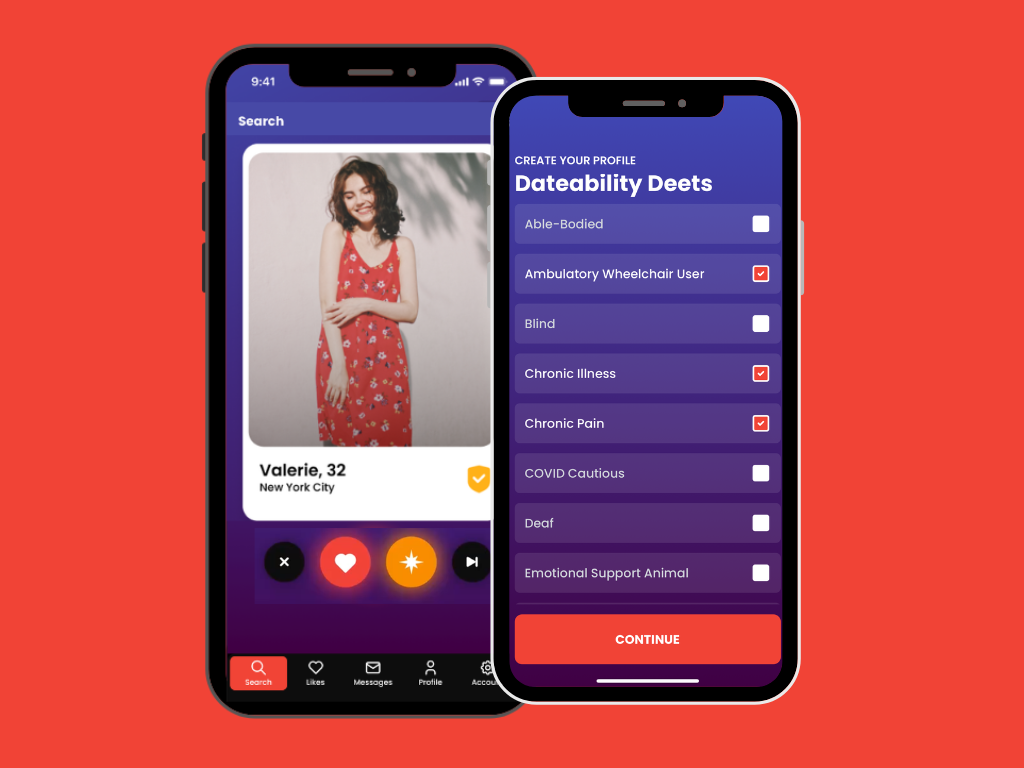 Two wireframes of Dateability showing the layout of the app and the Dateability Deets page. 